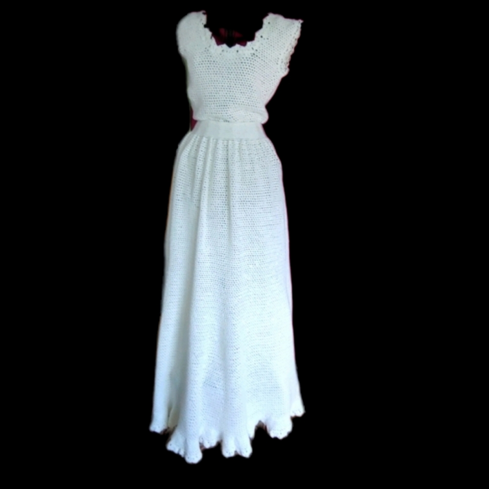 Handmade A-Line Prairie Wedding Gown Crochet Eyelet Lacey Fitted Bodice - Picture 2 of 12